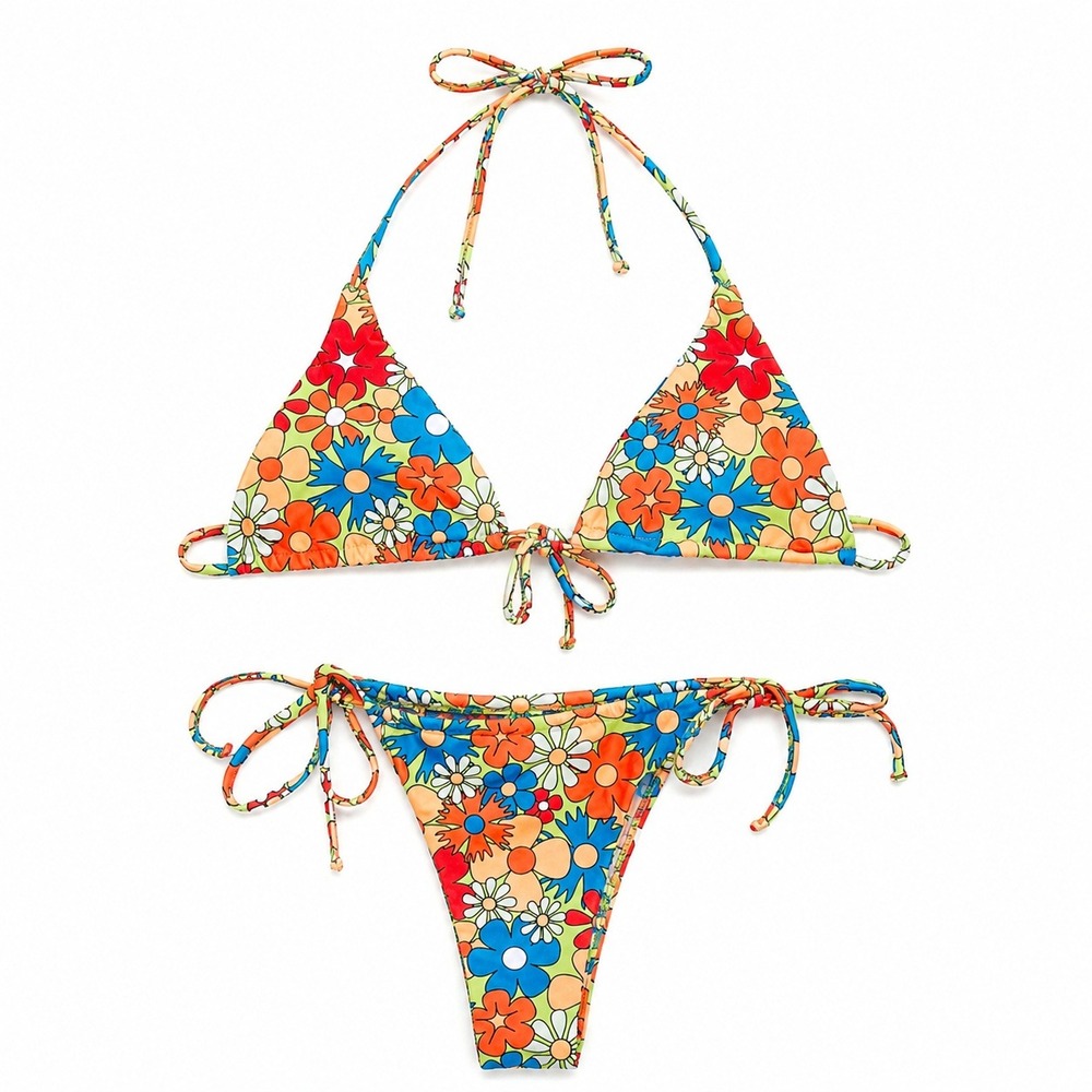 Unbranded Floral Triangle Bikini Set Retro Daisy Print Multicolored Size S‎